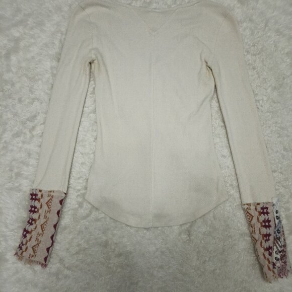 Free People We the Free Women Art School Cuff V-Neck Thermal Shirt Cream Size M - Picture 4 of 10